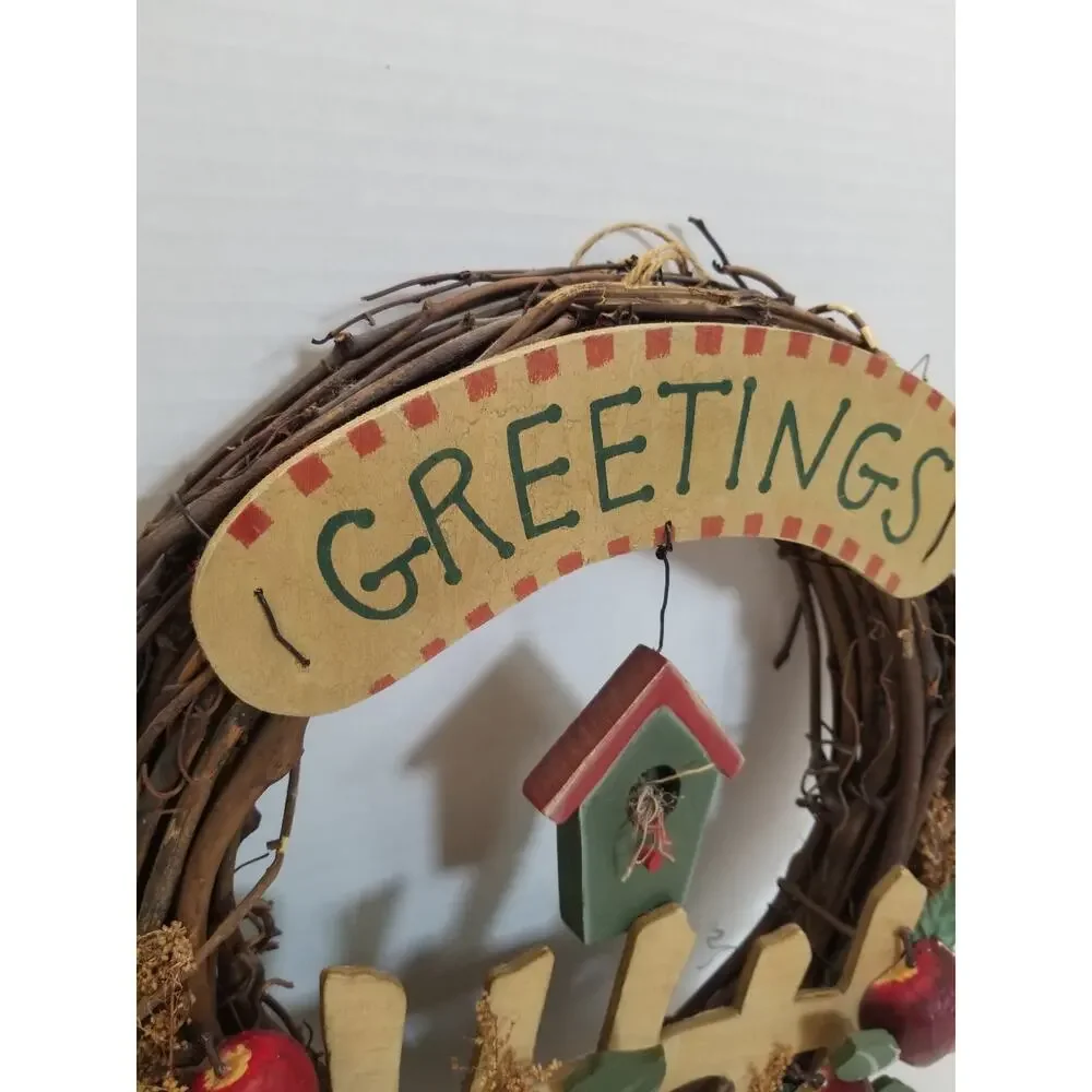 Vtg Handmade Grapevine Greetings Wreath Cottagecore Apples 13
